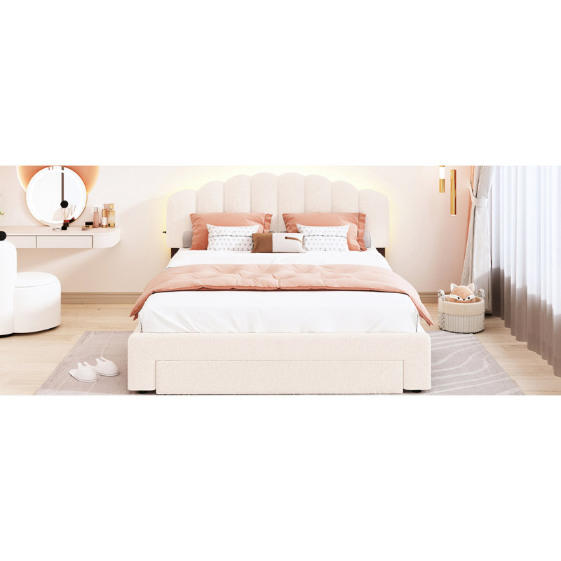 Lit rembourré beige avec tiroir fonctionnel et plateforme en molleton doux, Beige