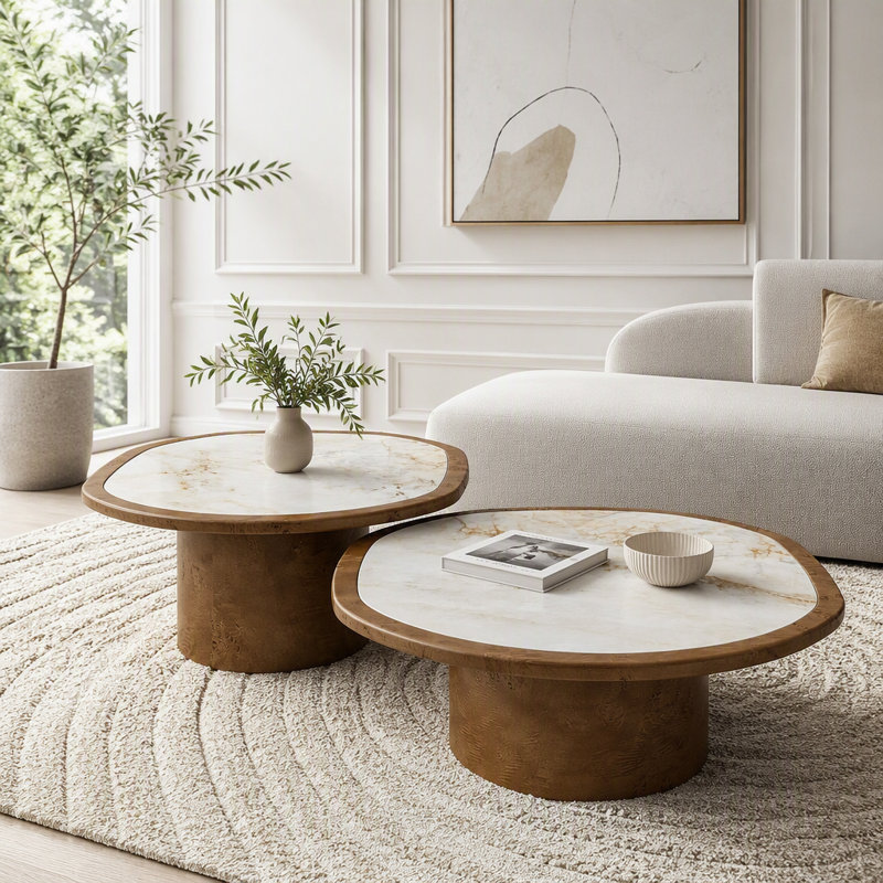 Ensemble de tables basses irrégulières avec plateau en pierre frittée et placage de bois de ronce, Walnut