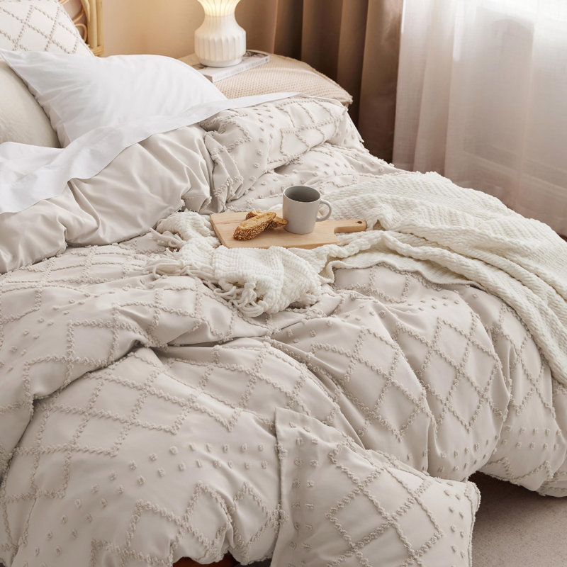 Bedsure Boho Duvet Cover Set- Embroidery  Home Bedding Set, Twin Duvet Cover + 1 Standard Sham, Oat Milk