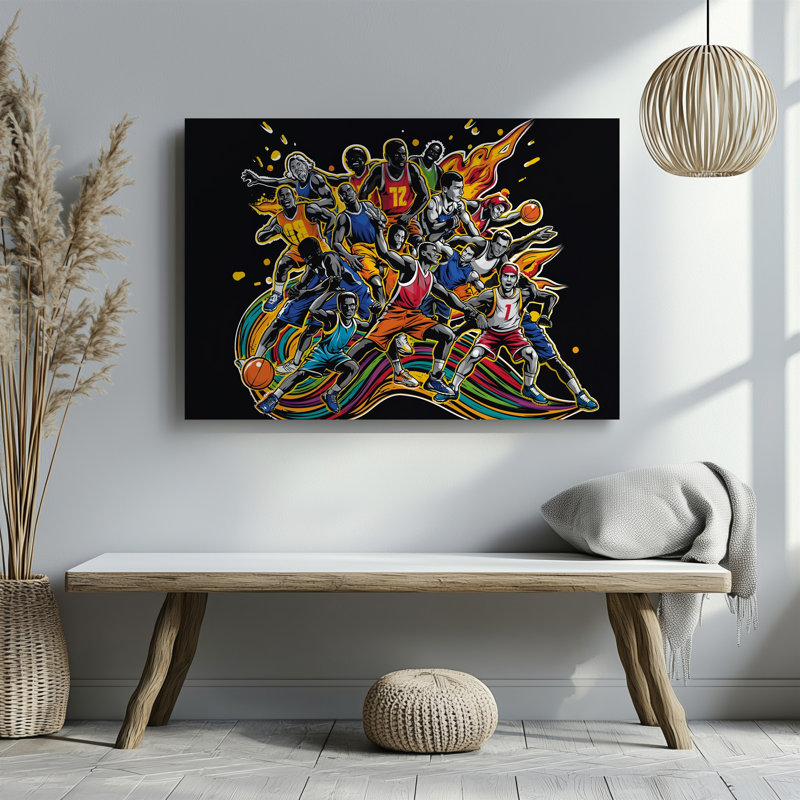 Toile Un collage dynamique et dynamique de joueurs de basketball divers illustrés dans un art mural, H 18 po x l 24 po