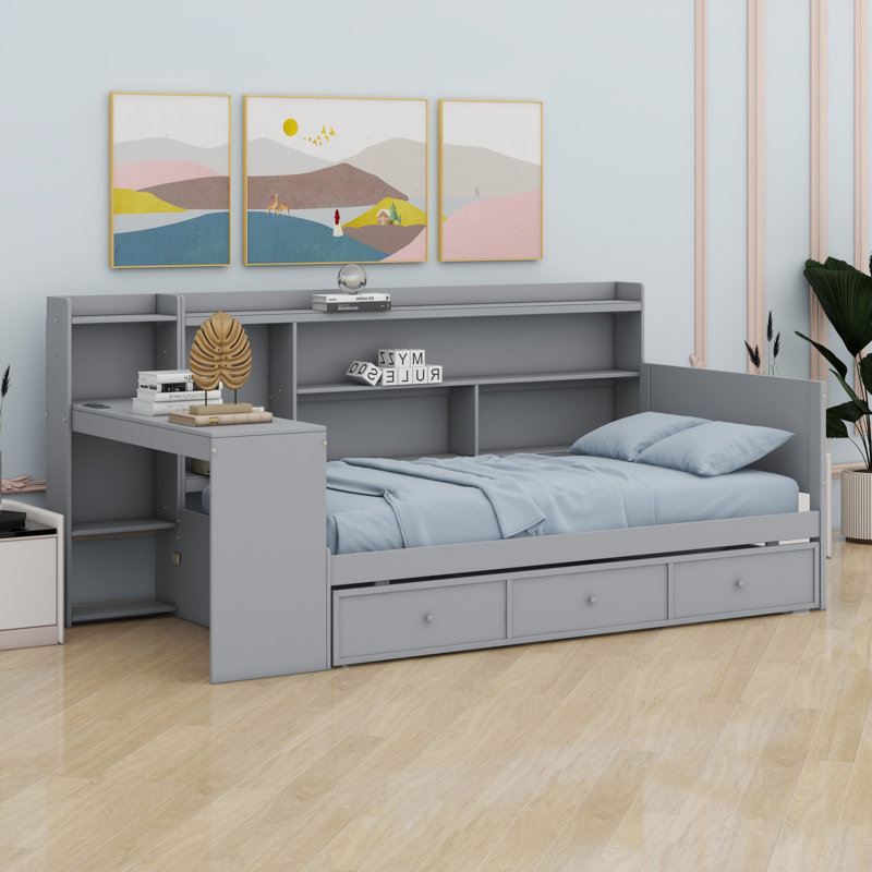 Lit de jour avec tiroirs, ports USB et bureau, Gris, Lit simple