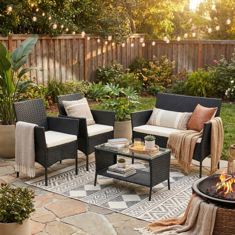 4-Pieces All Weather PE Wicker Sofa Set, Patio Conversation Set with Removable Cushion for Garden and Backyard, Beige