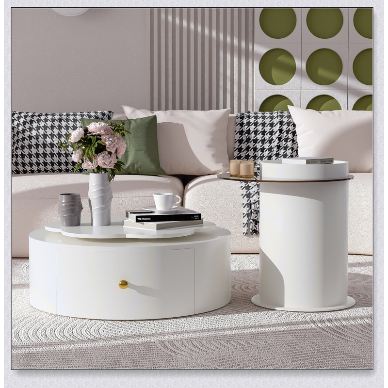 Ensemble de 2 tables basses rondes modernes avec plateau tournant en forme de fleur à 360 degrés et 2 tiroirs, parfait pour les espaces de vie élégants et fonctionnels.