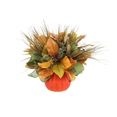 Catron Magnolia Leaf and Wheat Arranged in Glass Pumpkin Pot