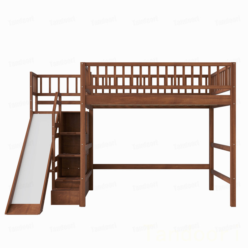 Lit mezzanine double avec escalier de rangement, glissade et lumière DEL, Walnut