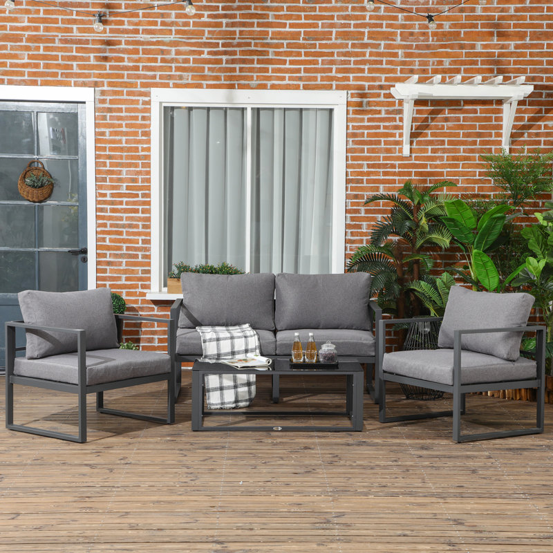 Outsunny 4 Pieces Garden Sofa Set Bench Side Table Patio Grey