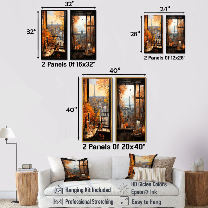 Retro Paris Window View IV - Paris, art mural sur toile, ensemble de 2, Cadre flottant blanc, H 40 po x l 41 po
