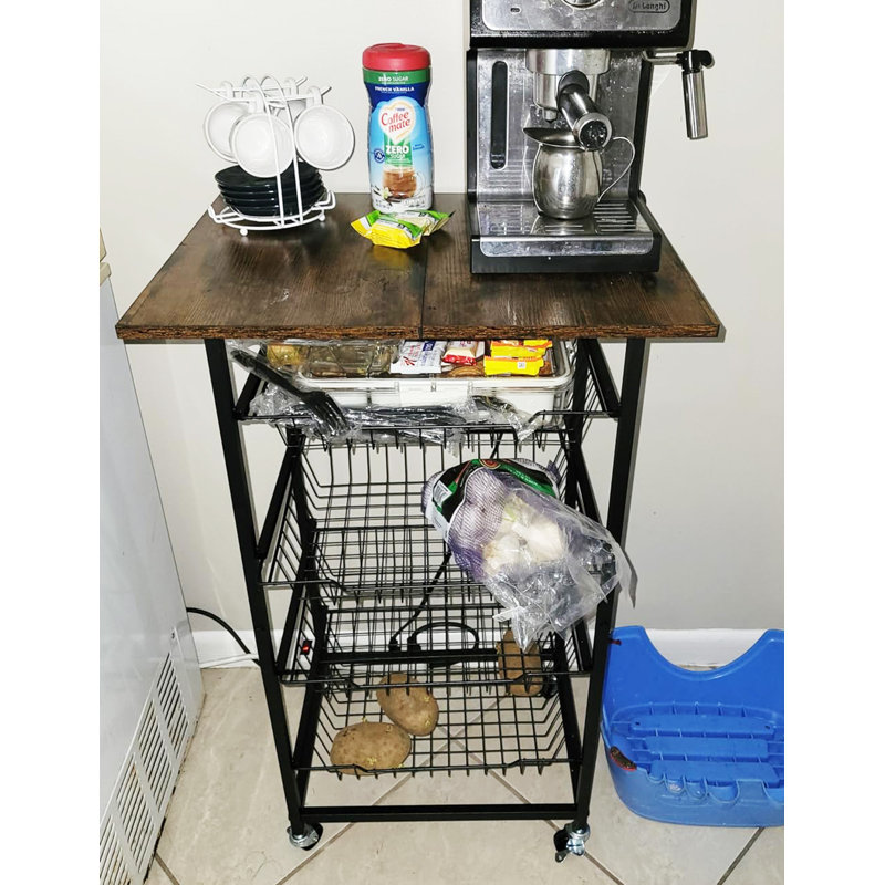 Support à micro-ondes à 4 niveaux avec paniers coulissants, chariot de rangement roulant pour la cuisine, chariot utilitaire en bois et métal pour garde-manger, bar à fruits et café