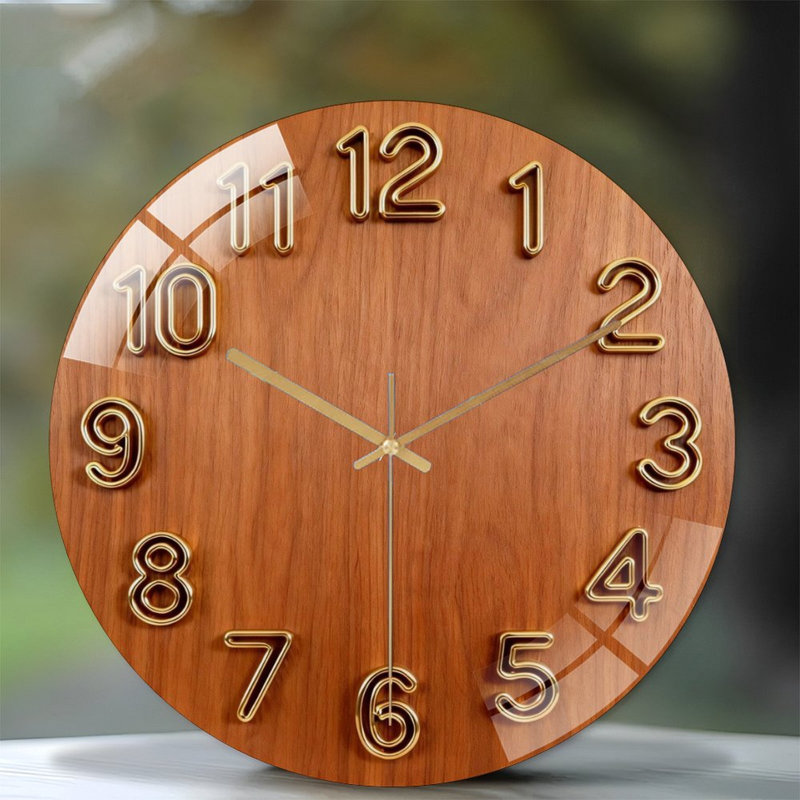 Horloge murale 12 po ronde en verre trempé avec mouvement à quartz silencieux, Érable