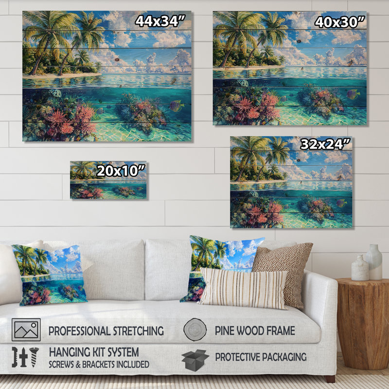 Biscayne Bay Paradise I - plage, art mural sur bois de pin naturel, H 34 po x l 44 po