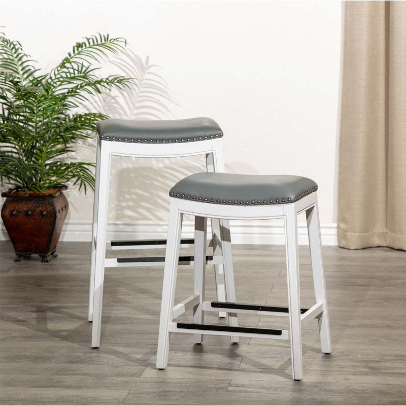 Tabouret de bar, siège en cuir, Blanc, Blanc