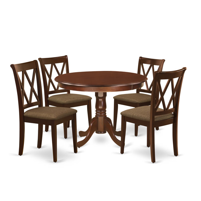 5 Piece Dining Room Table Set Includes a Round Dining Table with Pedestal and 4 Linen Fabric Upholstered Chairs, Mahogany