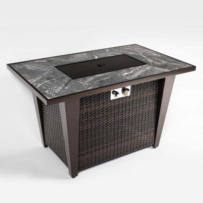 42inch Rattan Fire Pit Table with Ceramic Tile Tabletop,Glass Wind Guard and Rain Cover,Lid