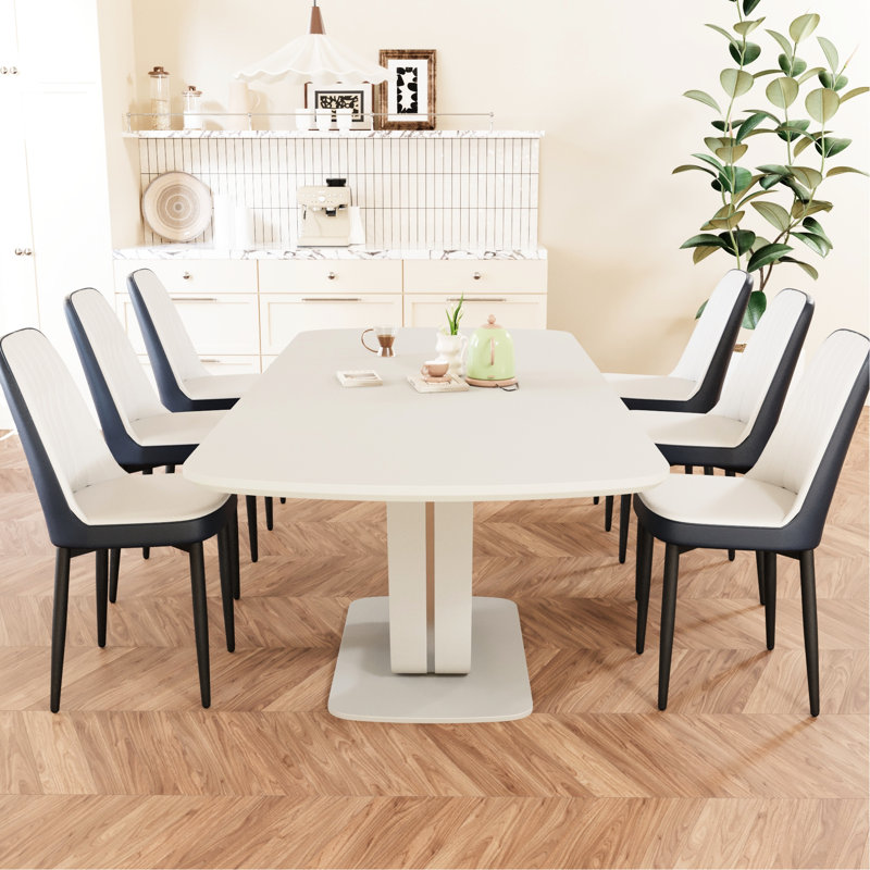 7 pièces: table extensible, 6 chaises en polyuréthane, pieds en forme de U, blanc, idéal pour les réunions de famille à la maison