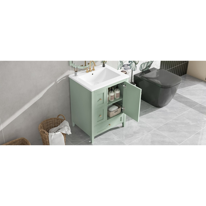 "Meuble-lavabo de 24 pouces avec rangement, tablette réglable, panneau de fibres à densité moyenne et bois d'hévéa, cloisons amovibles, finition verte"