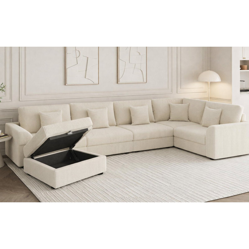 Canapé-lit modulaire en velours côtelé 6 pièces Kaneki, Blanc, 35 pi H x 146 pi L x 78 pi P