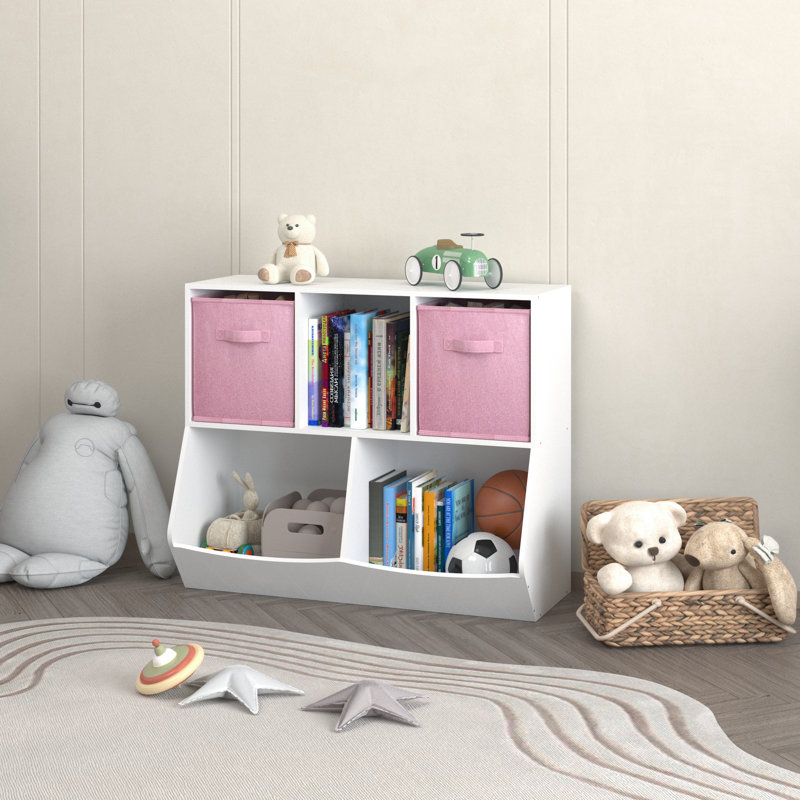 Azha 29.53'' H X 35.43" W Bookcase With Fabric Storage Bins, White/Pink