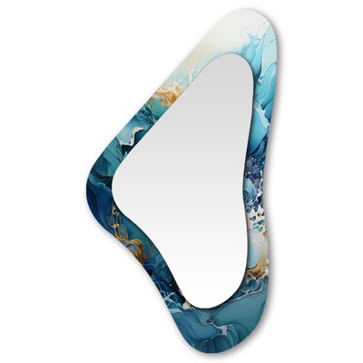 Pinank Ocean White And Blue Currents III - Ocean Irregular Shape Decorative Wall Mirror, Turquoise Asymmetrical Mirror, Printed Metal Art