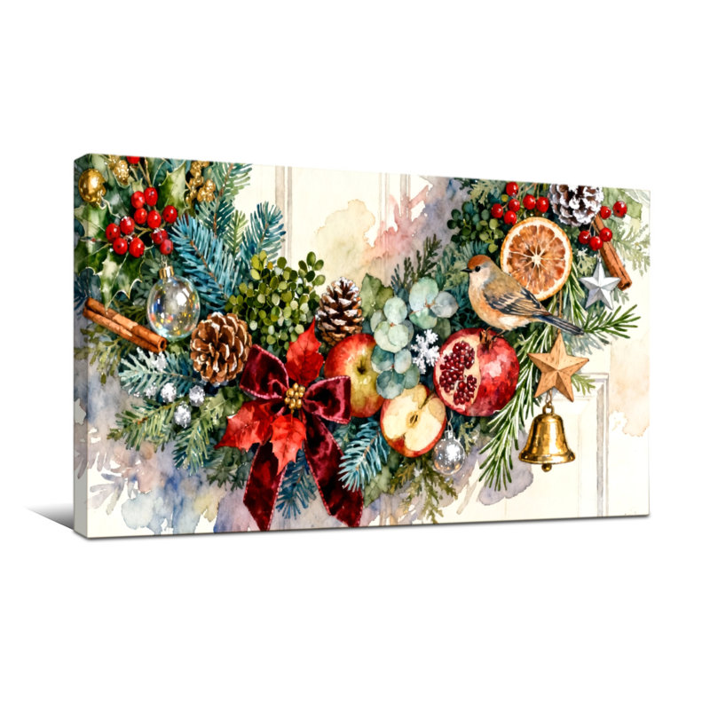 Christmas Christmas Wreath With Birds And Fruits, 16" H x 32" W
