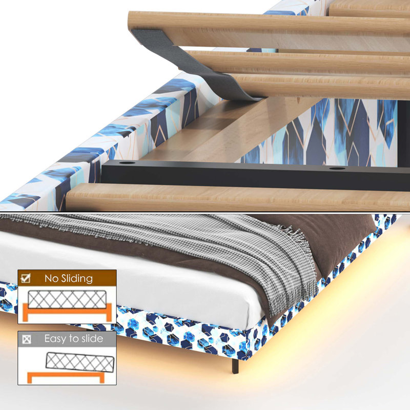 Floating Bed Frame With LED Light And Charging Station Upholstered Platform Bed Frame With Headboard And Hidden Storage Space, No Box Spring Needed