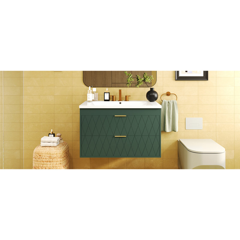 Meuble-lavabo mural avec lavabo en résine, armoire de rangement flottante, 2 tiroirs à fermeture en douceur, conception en bois massif