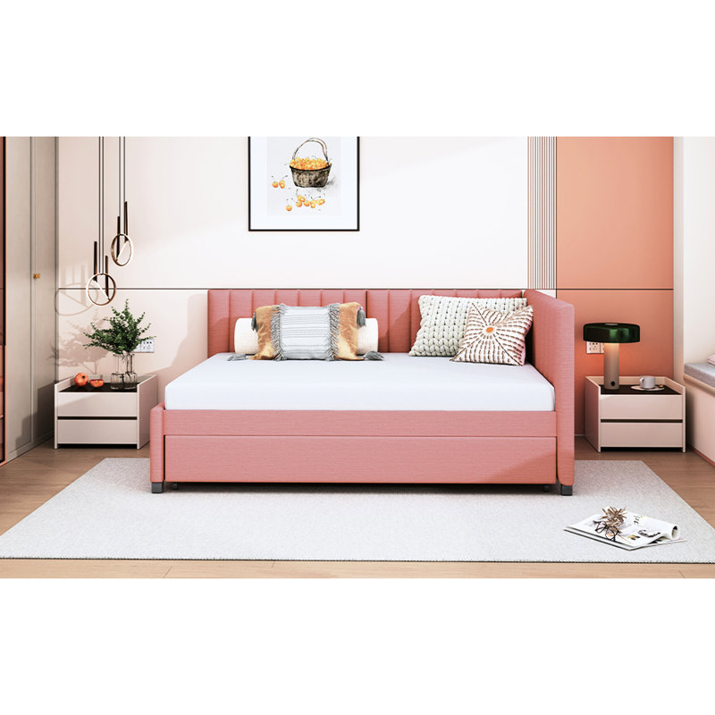 Lit de jour rembourré avec couchette, lin rose, sans sommier pour un lit gigogne éblouissant - Linen Rock, Rose