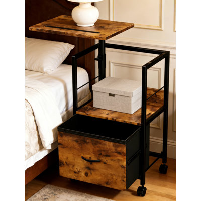 Table de chevet pivotante à hauteur réglable et rotation à 360 °, table de chevet mobile avec roues verrouillables et tiroir de rangement en tissu pour la chambre à coucher et le salon