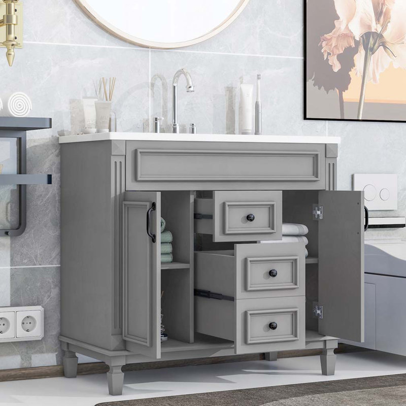 Bathroom Vanity with Ceramic Sink, 2 Soft Closing Doors and 2 Drawers, Grey, Black
