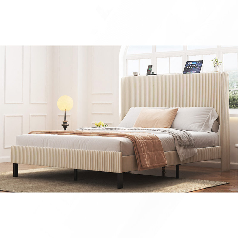 Noise Queen Metal Bed Frame With Charging In Headboard, Beige Colour, Support Framework, Fast Installation Time, No Box Spring Required Size Platform Construction, Long - Lasting Durability, Needed,