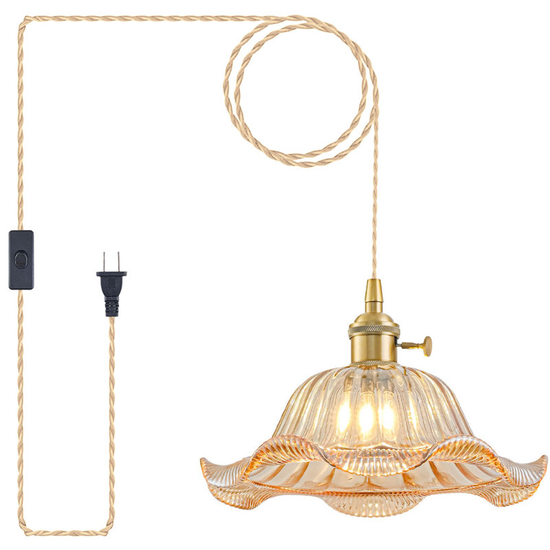 Luminaire suspendu à brancher avec verre fleur, Ambre