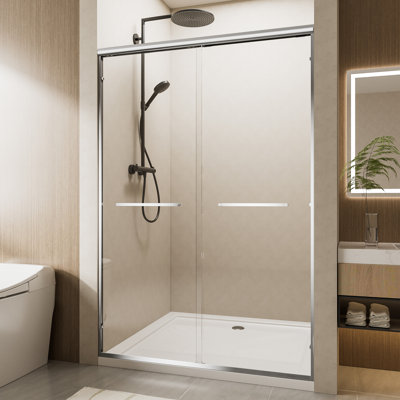 Grande porte de douche coulissante double de 72 po de hauteur, 60 po de largeur, verre trempé transparent de 6 mm de 1/4 po, cadre en aluminium noir mat, poignées en acier inoxydable, largeur pouvant aller de 56 à 60 po, fonction imperméable pour la p