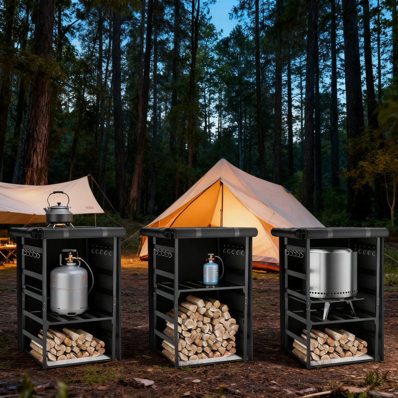 Station de rangement de bois de chauffage robuste avec couvercle imperméable pour poêle solo Yukon, feu de camp, foyers et foyers, support à bûches réglable avec crochets à outils et tablette amovible