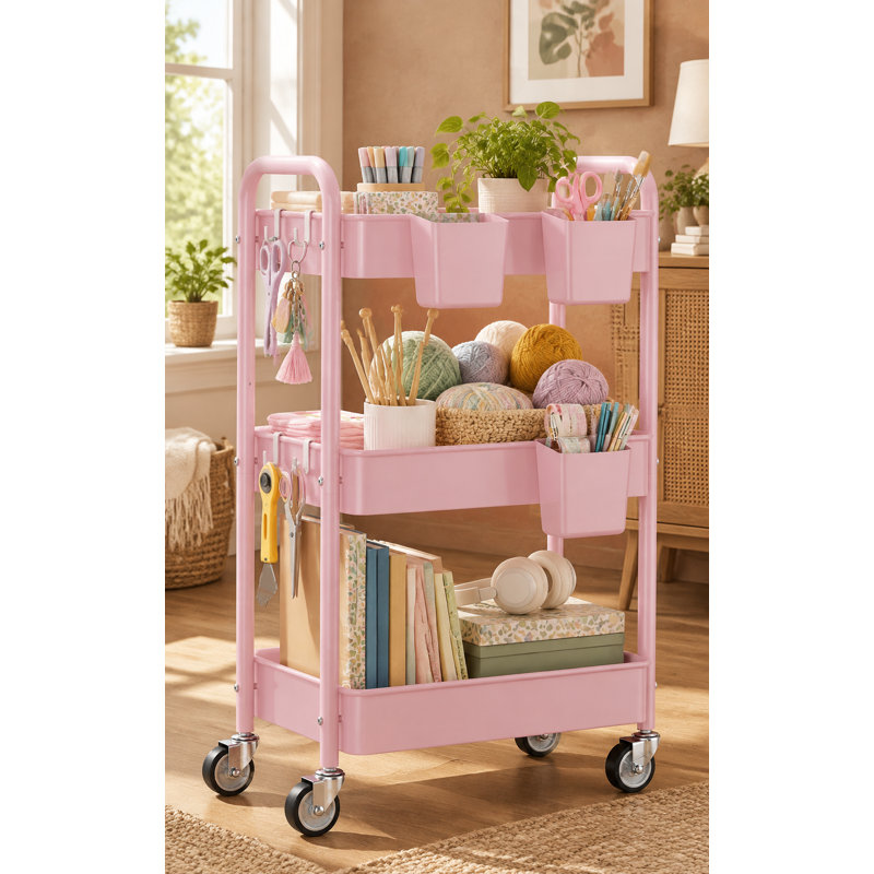 Chariot roulant rose robuste en métal robuste à 3 niveaux avec coupes et crochets pour les postes de travail d'art et d'artisanat, les collations de cuisine et le rangement de bureau