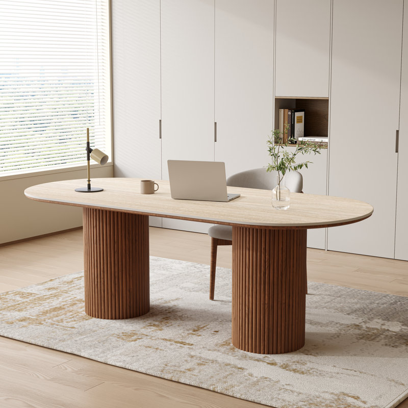 Bureau 71 po, table ovale moderne, blanc brillant, avec deux pieds en bois massif, H 29,53 po x l 70,87 po x P 35,43 po