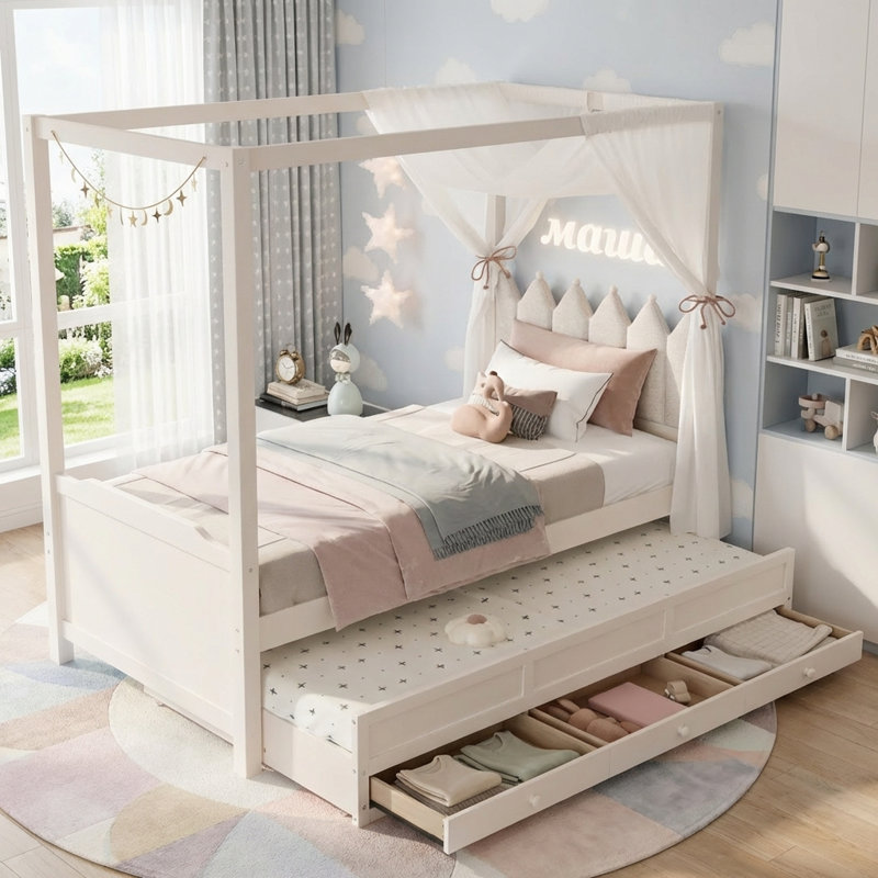 Lit à baldaquin simple avec lit gigogne et 3 tiroirs, tête de lit tapissier, rangement et assemblage facile, beige, Beige