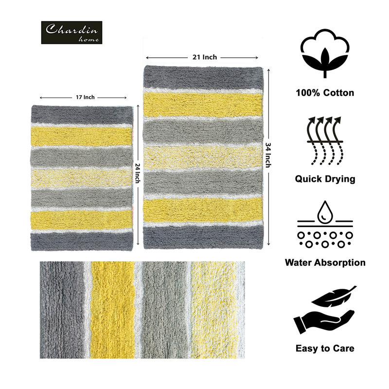 Ensemble de 2 tapis de bain à rayures antidérapants 100% coton Cervantes, Jaune/gris, Grand