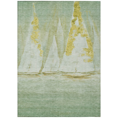 Machine Washable Indoor/Outdoor Xhevrie Green Rug