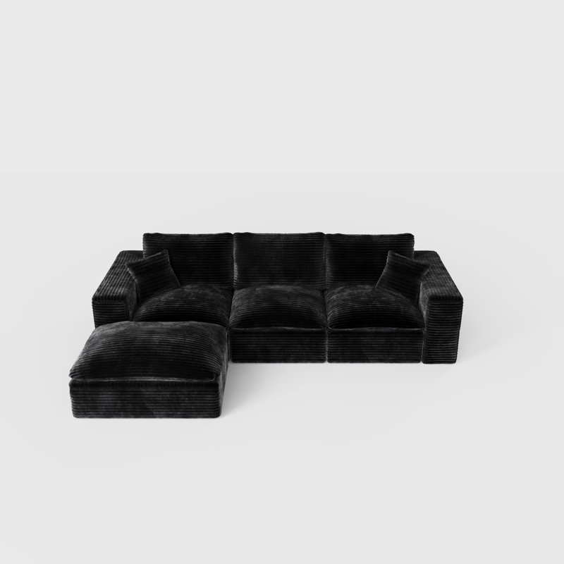 Aurora L-Shaped Upholstered Sectional Sofa with Ottoman & Pillows, Black Corduroy