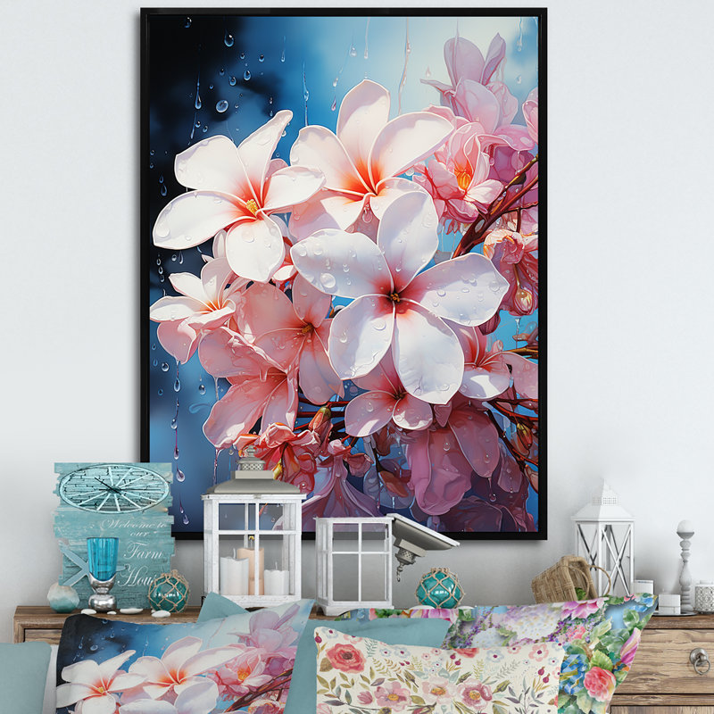 «Pink Fragrant Plumeria Serenade», reproduction d'art sur toile, Cadre flottant noir, H 20 po x l 12 po x P 1 po