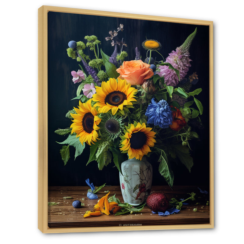 «Blossoming Sunflower Bouquet» avec impression sur toile, H 20 po x l 12 po x P 1 po, Cadre naturel flottant
