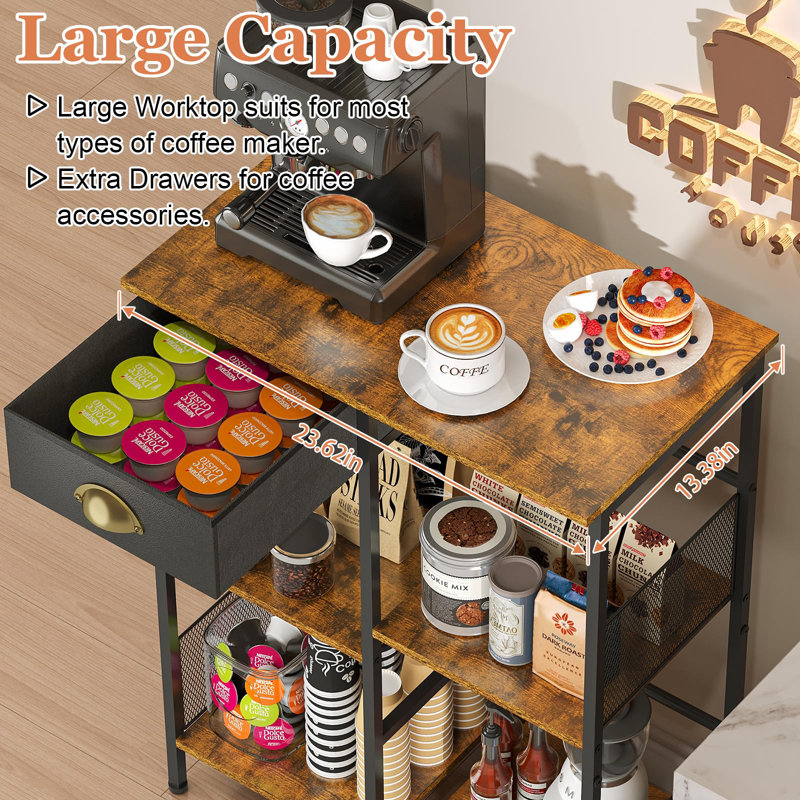 5-Layer Staggered Coffee Bar With Storage Drawer - Space-Efficient Farmhouse Stand For Kitchens - Waterproof Microwave Shelf & Bakers Rack Organizer