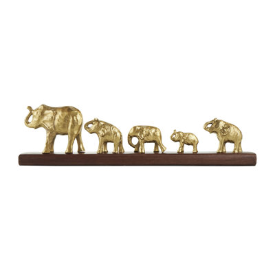 Seigle Aluminum Metal Elephant Decorative Gold Sculpture with Brown Wooden Base