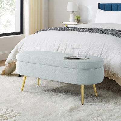 Banc de rangement repose-pieds ovale en flanelle avec pieds en métal - cyan (43,5 po x 16 po x 16 po)
