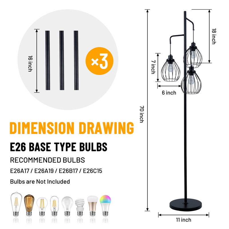3-Light 71" Dimmable Tree Birdcage Floor Lamp, Black Wrought Iron Standing Lamp with Foot Switch for Living Room, Bedroom
