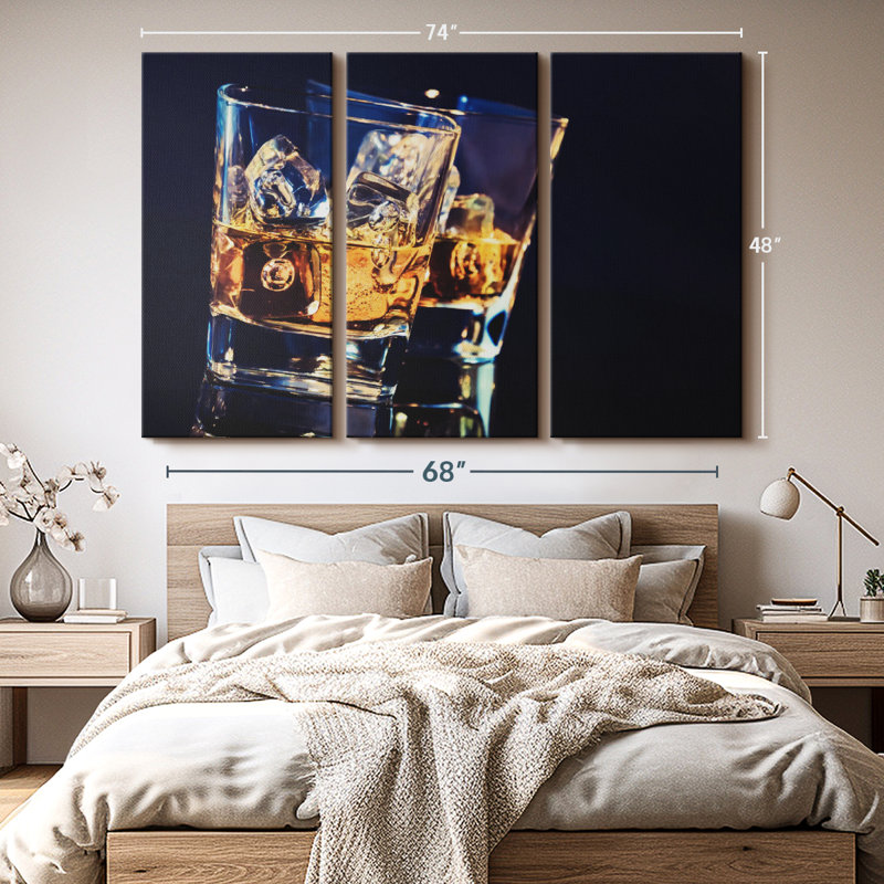 «Whiskey Glasses» sur toile, H 48 po x l 74 po x P 1,25 po