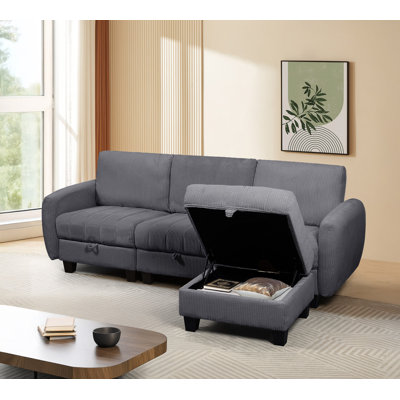 Modular Grey Corduroy Storage Sofa Set With Ottoman - Free Combination Living Room Seating