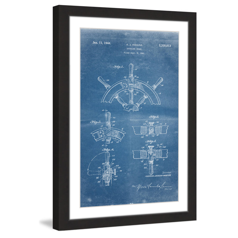 « bateau direction wheel 1941 blueprint » par steve king, reproduction d’art encadrée, H 36 po x l 24 po x P 1,5 po