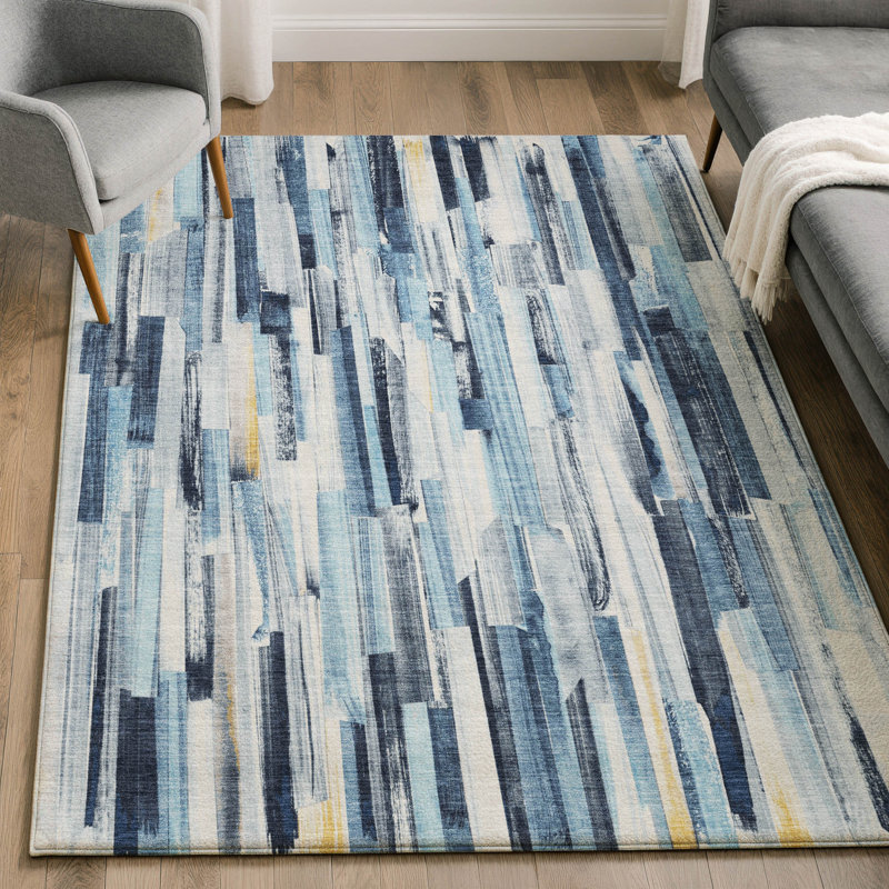 Premium Machine Washable Mayfield AMF2255 Striped Rug, Denim, 9' x 12'