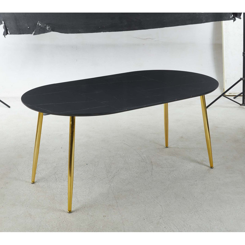Table de salle à manger et de bureau extensible avec pieds en métal et plateau en panneau de fibres à densité moyenne, tailles ajustables pour une utilisation polyvalente, finition dorée et noire élégante