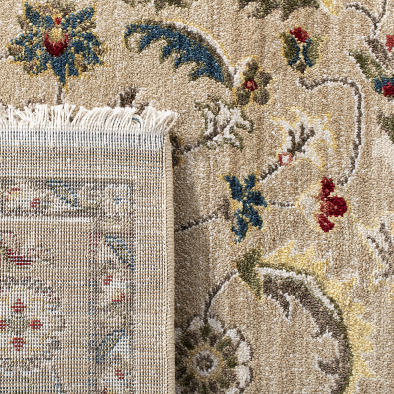 Round Beige and Red Hand-knotted Synthetic Oriental Rug